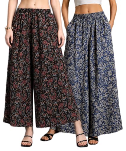 Image of Women Printed Palazzo Pants Combo Pack of 2, Comfortable Elastic Waist Lounge Pants for Women | Relaxed Fit, Loose Fitting Wide Leg Palazzo Pants, Casual Bottom (Available in S to 3XL Size)
