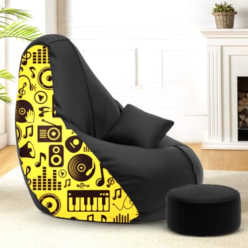 Amazon Brand - Solimo Premium Faux Leather Bean Bag Combo with Footrest & Cushion, Filled with Beans | Capacity: Upto 6 Ft 3 in Height, 120 KG Weight | 4XL | Music Print | Black