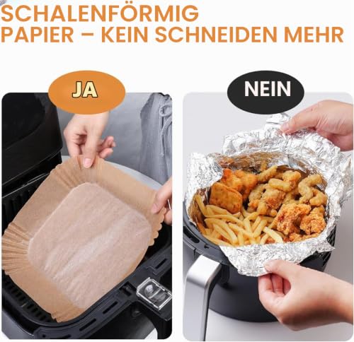 AiQInu Backpapier für Heißluftfritteuse, 200 Stück 16cm Airfryer Backpapier Eckig Wasserdicht Ölfest Pergamentpapier Liner Airfryer Zubehör… – Ansicht 5