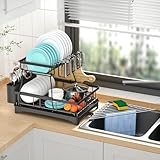 Yeepoo Escurreplatos Acero Inoxidable de 2 Niveles y Escurreplatos Enrollable Triangular, Escurreplatos sobre Fregadero, Porta Utensilios, Porta Tazas, Porta Tabla de Cortar, Bandeja de Drenaje Negro
