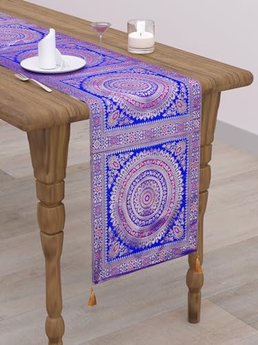 Image of Diwali Decor Brocade Jacquard Silk Table Runner Long Runner for Dinning & Centre Table Mandala Print 72 x 16 Inches (Royal Blue)