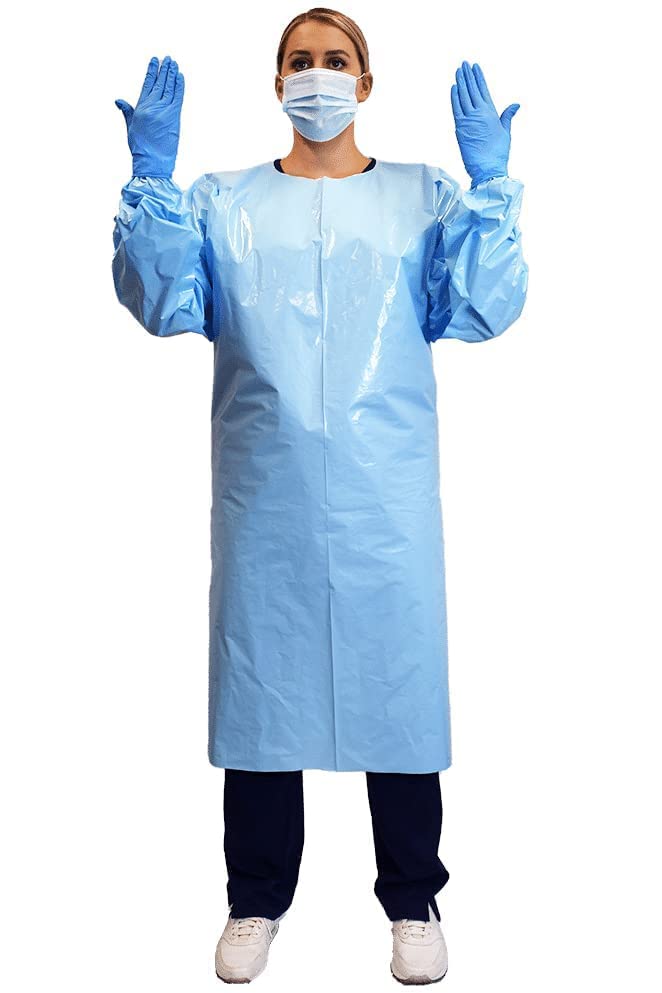 Medium AMMI Level 3 Disposable Isolation Gown | Apron Style with Over-The-Head Neck I Quick -Rip Neckline I Thumb Hook I Manufactured in USA I Fluid Resistant I Unisex I Pack of 100