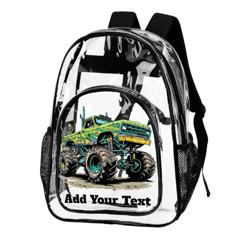 MoBlinko Personalized Clear Backpack Heavy Duty PVC Gree Monster Truck Custom Name Large Transparent Backpack Bag DIY School Backpack2