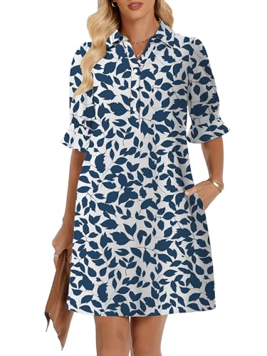 Image of FENSACE Womens Casual Shirt Dress Ruffle Sleeve Button Down Shift Summer Dresses with Pockets