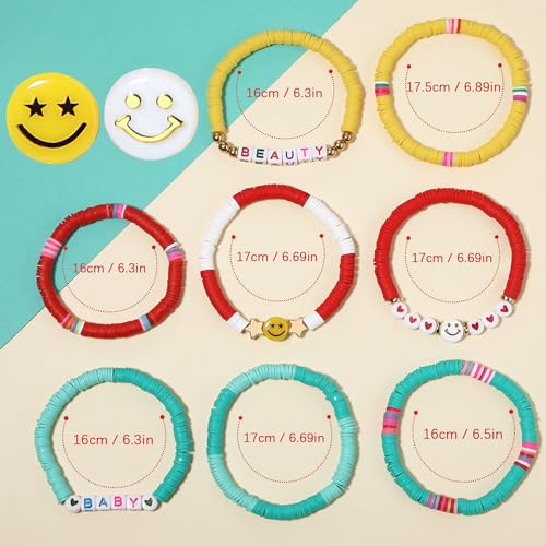Image of Preppy Bracelets Set Colorful White Gold Smile Heart Star Polymer Beaded Pearl Clay Stackable Charm Y2K Kidcore Aesthetic Summer Beach Bohemian Stretch Layering Bracelets Jewelry for Girls Women Teens