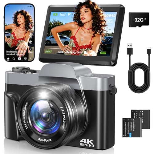 4K Digital Camera for Beginners & Teens with WiFi, 64MP Compact Autofocus Camera with 32Gb Card for Travel Vlogging Camera for YouTube, 180° Flip Screen Selfie Camera, Includes 2 Batteries