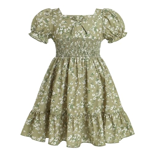 Girl Floral Puffy Sleeve Smocked Waist Dress Square Neck A-Line Midi Sundress Kid Ruffle Summer Twirl Swing Beachwear