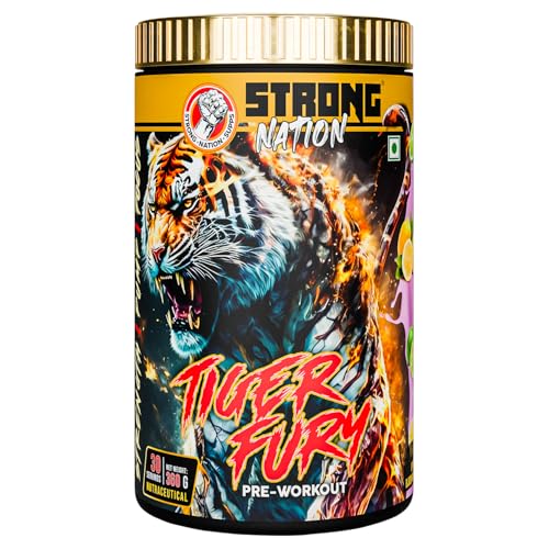 Image of Strong Nation Tiger Fury Pre Workout Powder 360g | High Energy, Pump & Focus Formula | Beta Alanine, L-Citrulline, Creatine & Caffeine | Pre Workout Supplement for Gym Performance (Lemonade)