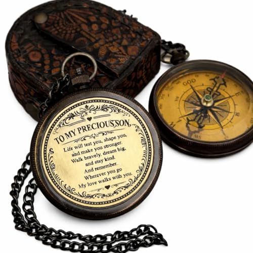 Brújula de bolsillo de latón grabada con estuche de cuero miniatura 1