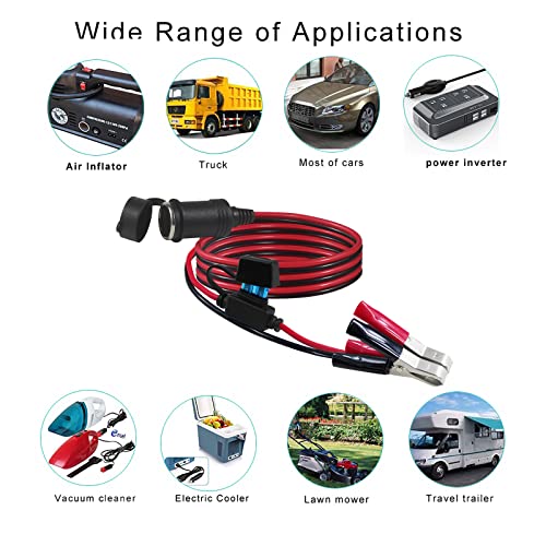 Image of Cigarette Lighter Socket with Battery Alligator Clip - 3FT 12v Car Cigarette Female Socket to Alligator Clamp Battery Charger Extension Cord,Automotive Battery Clip-On Extension Cable with 15A Fuse