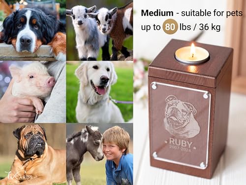 Image of Personalized Pet Memorial - Dog Memory Box Keepsake with Photo, Cat Cremation Urn for Ashes Candle (Medium, Portrait Engraving)