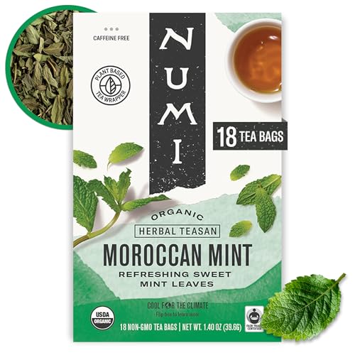 Numi Organic Moroccan Mint Tea, 18 Herbal Tea Bags, Microplastic Free, Antioxidants for Calm and Clarity