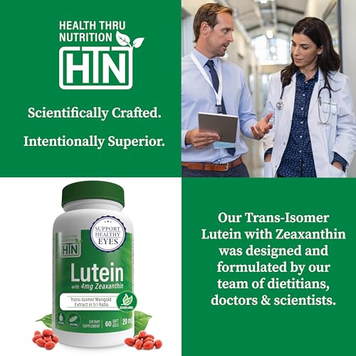 Image of Lutein 20mg with Zeaxanthin 4mg 60 Softgels | Trans-Isomer Marigold Extract in Nature Identical 5:1 Ratio | Supports Healthy Eye, Skin and Brain | Non-GMO Soy & Gluten Free | by Health Thru Nutrition
