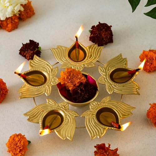 Klassic Unique and Antique 5 Lotus Diya Shape Urli Bowl | Metal, Perfect for Home Decor and Unique Gift for Diwali, Housewarming, Festive Celebrations (Golden, Pack of 1)