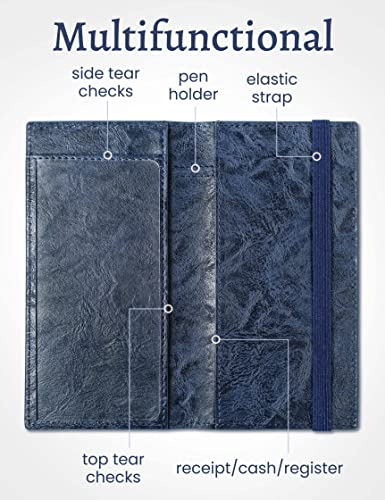 Image of Yarnic Checkbook Cover for Personal Checkbook, Checkbook Holder with Pen Holder & Built-in Clear Plastic Divider for Duplicate Checks (Blue)