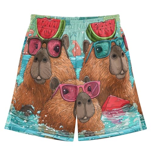 DOMIKING Capibaras Pool Teal Kids Shorts Pull-on Boys Shorts with Elastic Waist Casual Athletic Pants for Outdoor Playwear