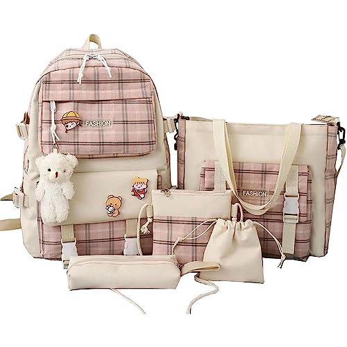 5 pcs Cute Backpack Set Aesthetic Backpack Japanese Kawaii Plaid Bag Preppy Accessories Fit 15.6