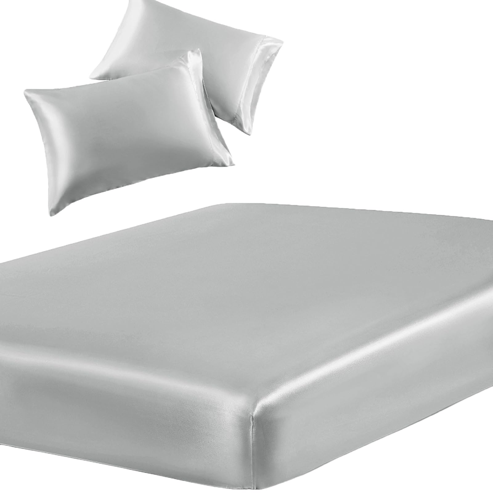 SiinvdaBZX 3-Piece Set Satin Full Fitted Sheet & 2 Pillowcase, Silver Grey Silky Soft Fitted Bottom Sheet, Wrinkle Free, Fade Resistant, Deep Pocket