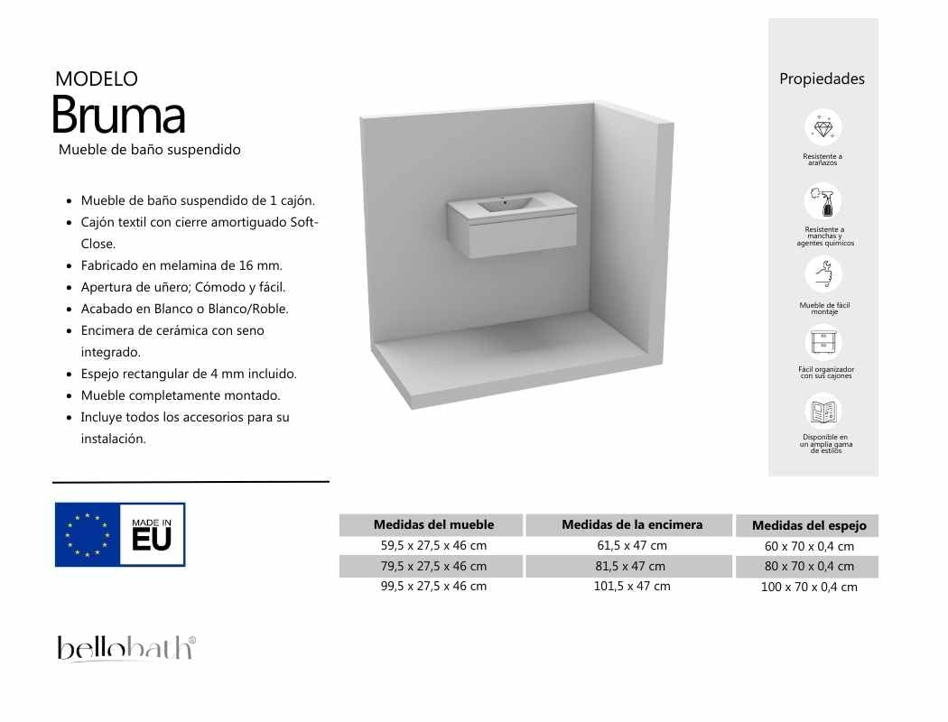 BELLOBATH Mueble Baño Suspendido 80 cm Blanco, Encimera y Espejo