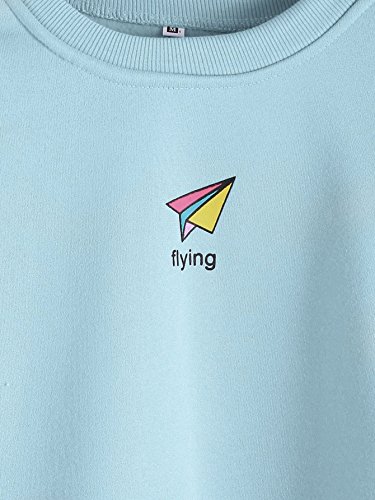 ROMWE Women's Top Long Sleeve Color Block Paper Airplane Graphic Print Patchwork Trim Tee Shirt Sweatshirt,Blue,XXL=US L