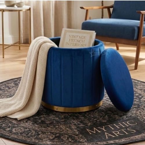 Image of Superior Round Storage Ottoman Stool 13 X 13X 16 inch, with Gold Metal Base | Elegant Pouffe with Secret Storage | Cushioned Footrest for Living Room, Bedroom, and Lounge Blue