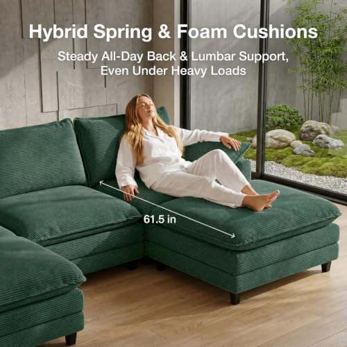 Image of Oversized Sectional Sofa, 107.3 inch U Shaped Cloud Couch Modern Modular Sectional Sofa with 2 Storage Ottoman Coffee Table, Corduroy Deep Seat Sofa with Throw Pillows for Living Room, Bedroom, Cream
