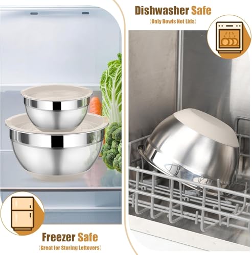 Image of Mixing Bowls with Airtight Lids, 5PCS Stainless Steel Khaki Nesting Bowls with 3 Grater Attachments, Non-Slip Bottom Metal Salad Bowls for Kitchen, Cooking, Baking & Food Prep