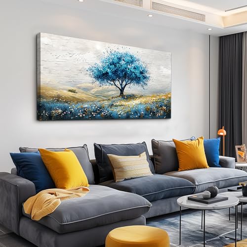 PHAOHUAXM Large Canvas Wall Art For Living Room Wall Decor For Bedroom Blue Tree Landscape Wall Paintings Office Decorations Farmhouse Mural Artwork Room Home Decor Posters Aesthetics 24x48 In