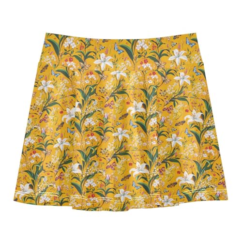 JUNZAN Spring Flowers Flowy Girls Athletic Skirts with Shorts Cheerleading Skirts with Pockets Skort for Little Girl Orange