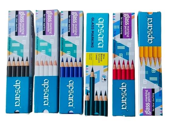 Apsara Glass Marking Pencils Pack of 12 (2 Each of Red, Blue, Green, Yellow, Black & White) | Assorted Colour Marking Pencils for Glass, Plastic, Metal, Ceramics & Smooth Surfaces-image-6