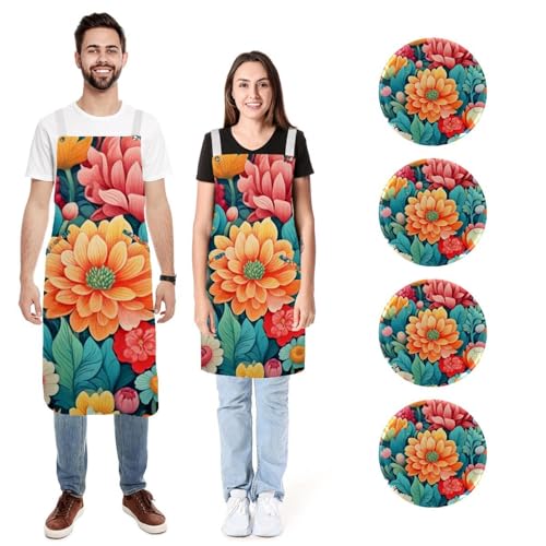 Tabliers de cuisine pour homme et femme étanches avec poches à motif floral