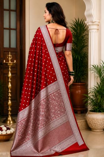 Image of Women's Glory Banarasi Satin Silk Saree with Rich Gold Silver Zari Floral Embroidery | Kanjivaram Style | Traditional Wedding & Festive sadi with Contrast Border