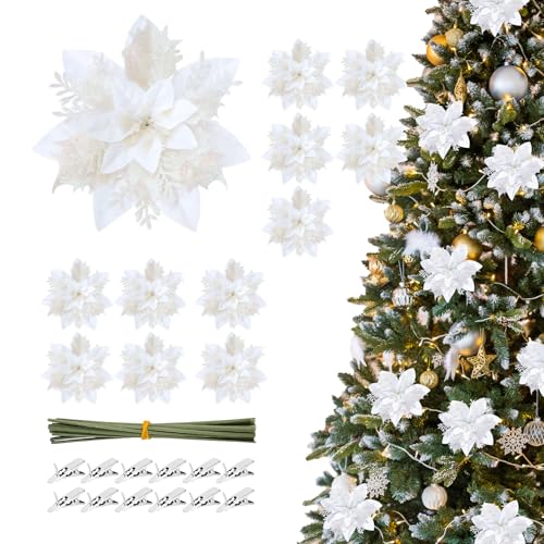 Yicadorn White Christmas Ornaments - 12pcs Poinsettias Artificial Flowers,White Ornaments for Christmas Tree Decorations,Glitter Poinsettia Decorations Xmas Flower Picks