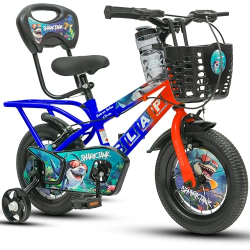 Image of Shark Tank 12T Kids Bicycle for Boys & Girls with Training Wheel, Front Basket, PU Soft Seat with Backrest, Full Chain Cover & Stylish Wheelcards (Orange /Blue, 12T)
