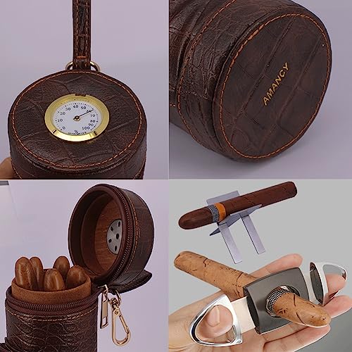 Image of AMANCY Classy Cylindrical Hand Carry Cigar Case with Premium Cutter and Rest, Cedar Wood Lined Travel Cigar Holder Humidor kit with Built-In Hygrometer, Long Humidifier, and Dropper