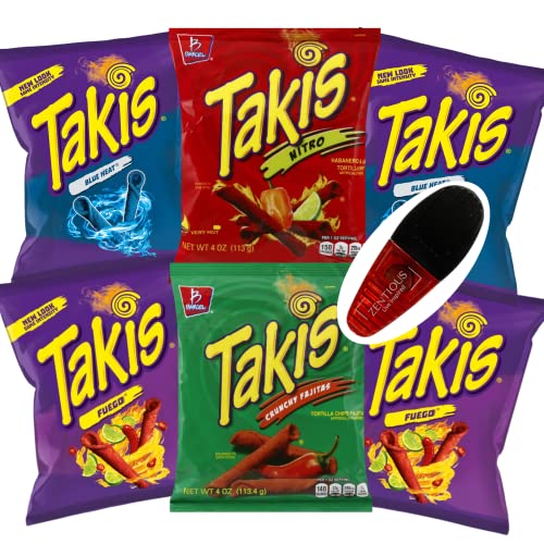 Takis Variety Pack All Flavors - 6 Pack Of Takis Blue Heat (2), Fajita Takis (2)Takis Nitro, Takis Fuego in 4oz Bags And A Zentious Magnetic Power Clip