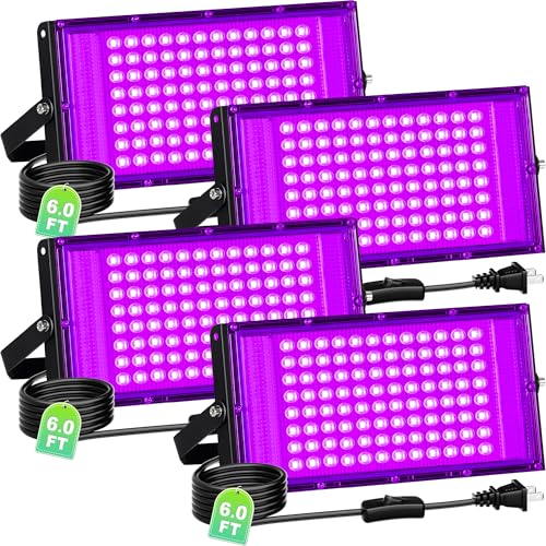 Image of TigQiang 100W 4 Pack LED Black Light, Blacklight Flood Light IP66 Waterproof Outdoor with Plug Switch Cord for Halloween, Neon Glow in The Dark Party, Body Paint, Fluorescent Poster, Classroom Party