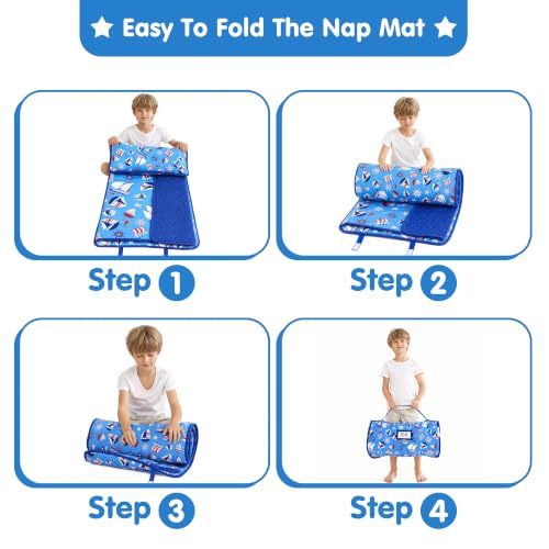 Image of Viviland Toddler Kid Nap Mat for Preschool, Boys Blue Bottomed Sailboat Slumber Bag, Daycare Sleeping Bag with Pillow and Blanket, Kindergarten Sleep Mat