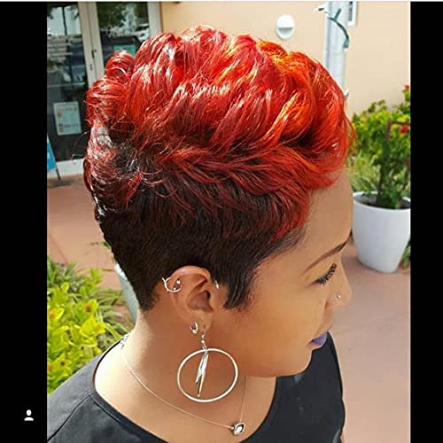 BeiSDWig Short Pixie Cut Black Wig with Red Bangs Natural Curly Wigs for Black/White Women Wig Synthetic Hair