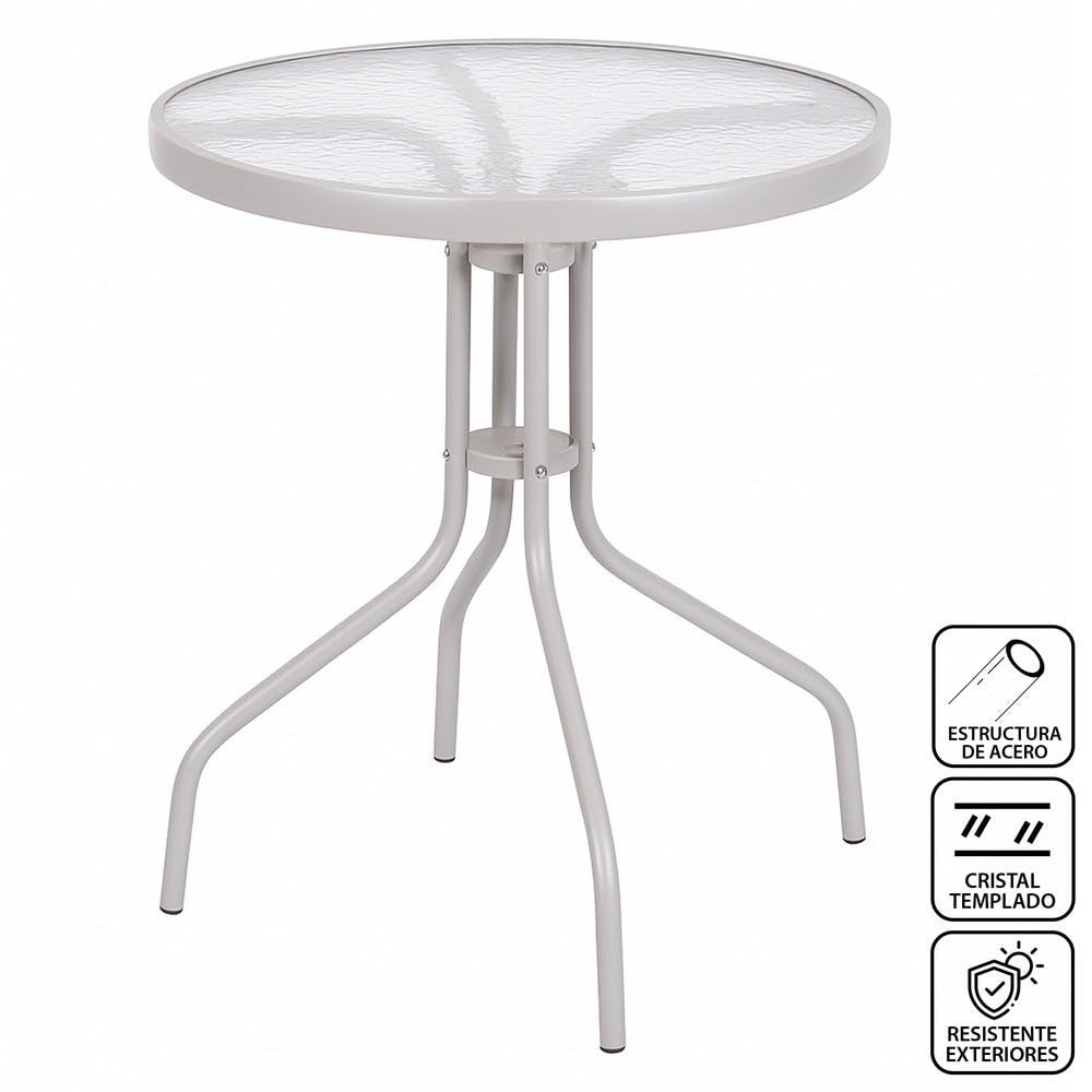 MONTY Mesa de jardín de Acero y Cristal Templado | De Ø 60 cm | Pintuta Color Beige con epoxi Anticorrosión | Resistente y Duradera | Balcón, Terraza o Jardín | Trivia