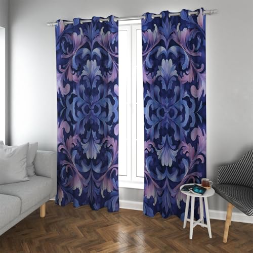 UIRINGART Cortinas Opacas Azules y moradas Cortinas con Aislamiento térmico botánico Floral Vintage Cortinas de Ventana de Estilo Boho para Cocina casa de Campo 2 Paneles H160xB132
