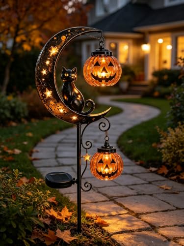 Solar Halloween Black Cat & Pumpkin Moon Garden Stake Light 34inch Solar Black Cat Stake Light Spooky Garden Decor with LED Glow Waterproof Halloween Decor for Patio Lawn Pathway (B*1)