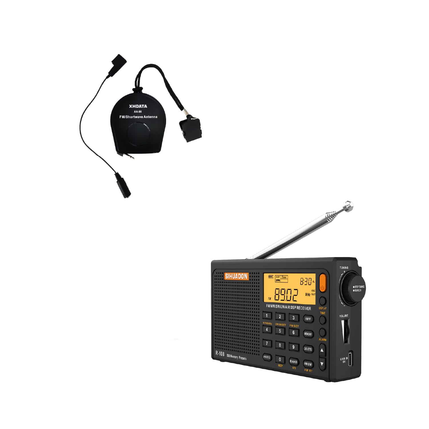 SIHUADON R108 Portable Shortwave Radio and XHDATA AN-80 Shortwave Reel Antenna FM SW External Antenna