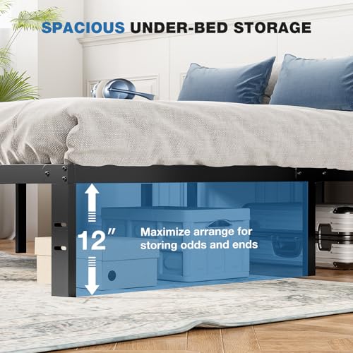 Image of OLIXIS Metal Queen Bed Frame - 14in High with Storage Space, No Box Spring Needed with Sturdy Steel Slat Support, 2200LBS Heavy Duty for Easy Assembly, Black for Bedroom