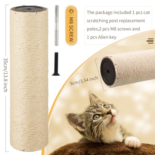 Image of Cat Scratching Post Replacement 13.78x3.54 Inch Cat Tree Scratch Post Replacement Natural Sisal Pole Cat Scratching Post Refill Pole Part with M8 Screws for Kitten Tree Tower Cat Furniture Accessories