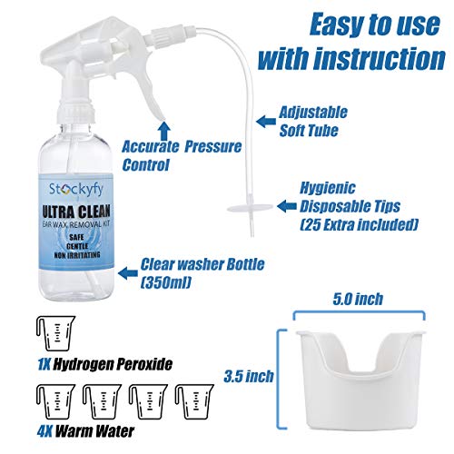 Ear Wax Removal Tool - Irrigation Flushing System kit Perfect Ear Cleaning Kit for Adults & Kids-350ml Spray Bottle, Basin, Bulb Syringe,Curette (Ear Spoon and Spiral),Towel and 25 Disposable Tips