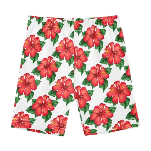 Hibiscus Flower Leaves White Girls Bike Shorts Toddler Soft Cotton Cartwheel Under Dress Dance Shorts