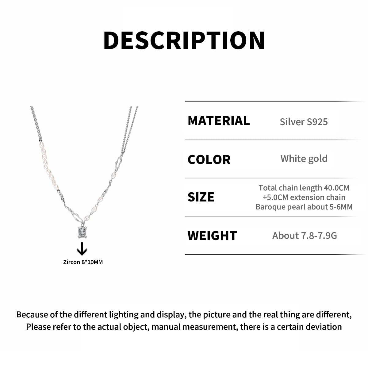 Collar de perlas con colgante de circonita barroca de plata esterlina S925 con personalidad femenina