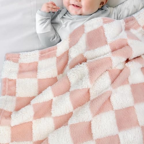 Image of HOMRITAR Pink Checkerboard Baby Blanket for Boys Girls Fluffy Fleece | Soft Plush Warm Throw Blanket for Infant Toddler Shower Gift Nursery Crib Bed Stroller All Season 30 x 40 Inch