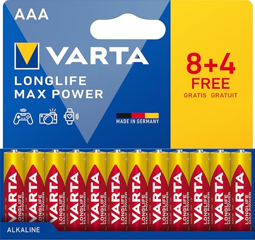 VARTA batterier AAA, 8 + 4 (12 stycken), Longlife Max Power, alkalisk, 1,5 V, perfekt för digitalkamera, styrenhet, förpackning till 90% återvunnen i Tyskland